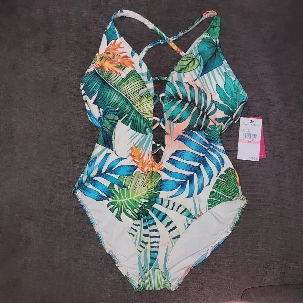 Vince Camuto Women' Strappy white floral Plunging V-Neck One Piece Swims…
